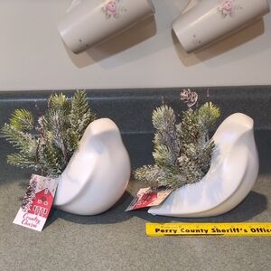 White Ceramic Birds Planters with Greenery 2 Pc. Set NWT